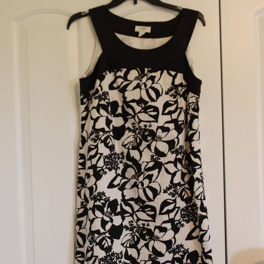 Loft Black and White Sleeveless Floral Print Dress Size 8 Cotton Lined